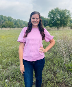 Purple Solid Textured Puff Sleeve Top