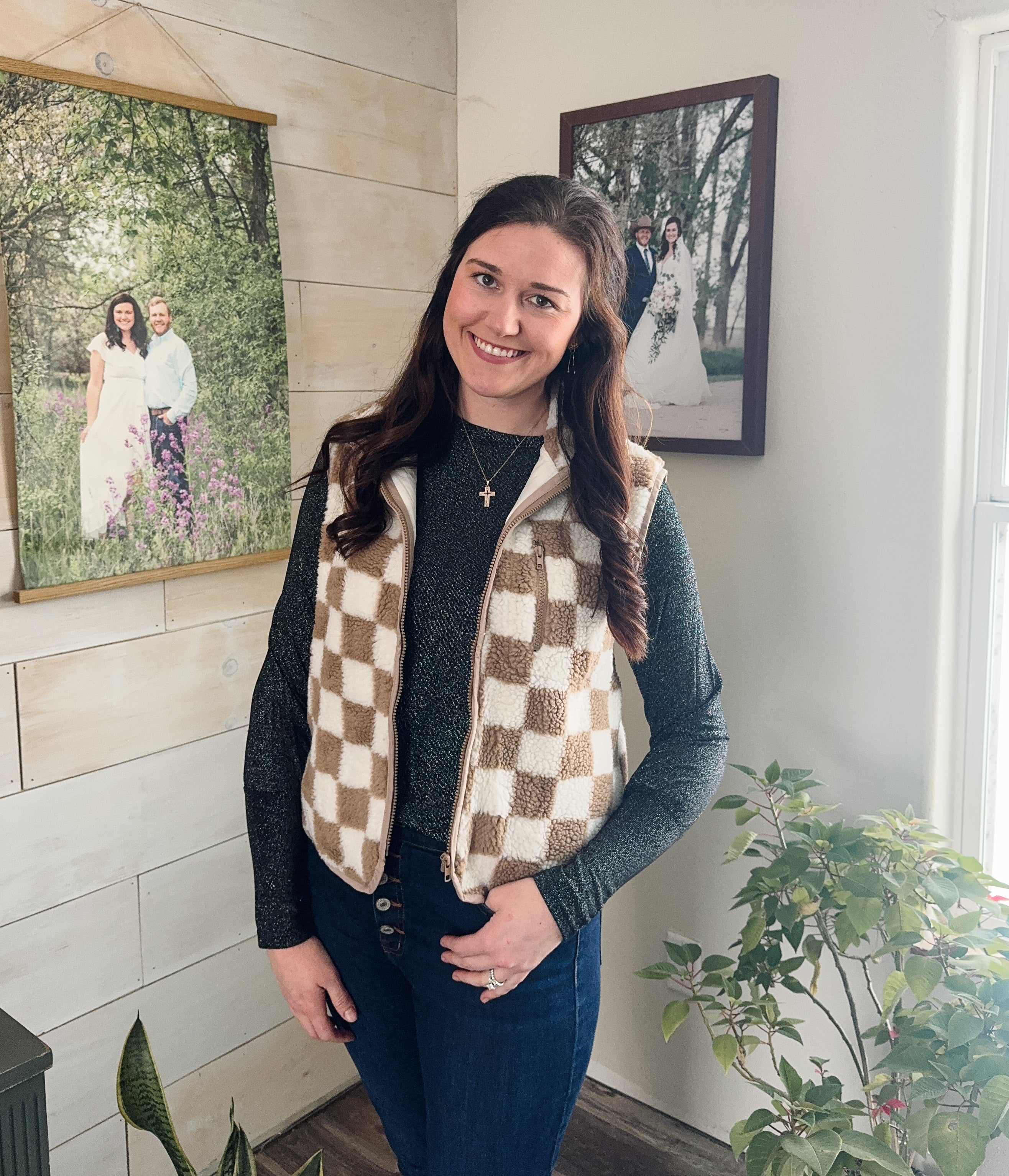 Khaki Checkered Sherpa Vest