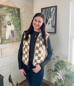 Khaki Checkered Sherpa Vest