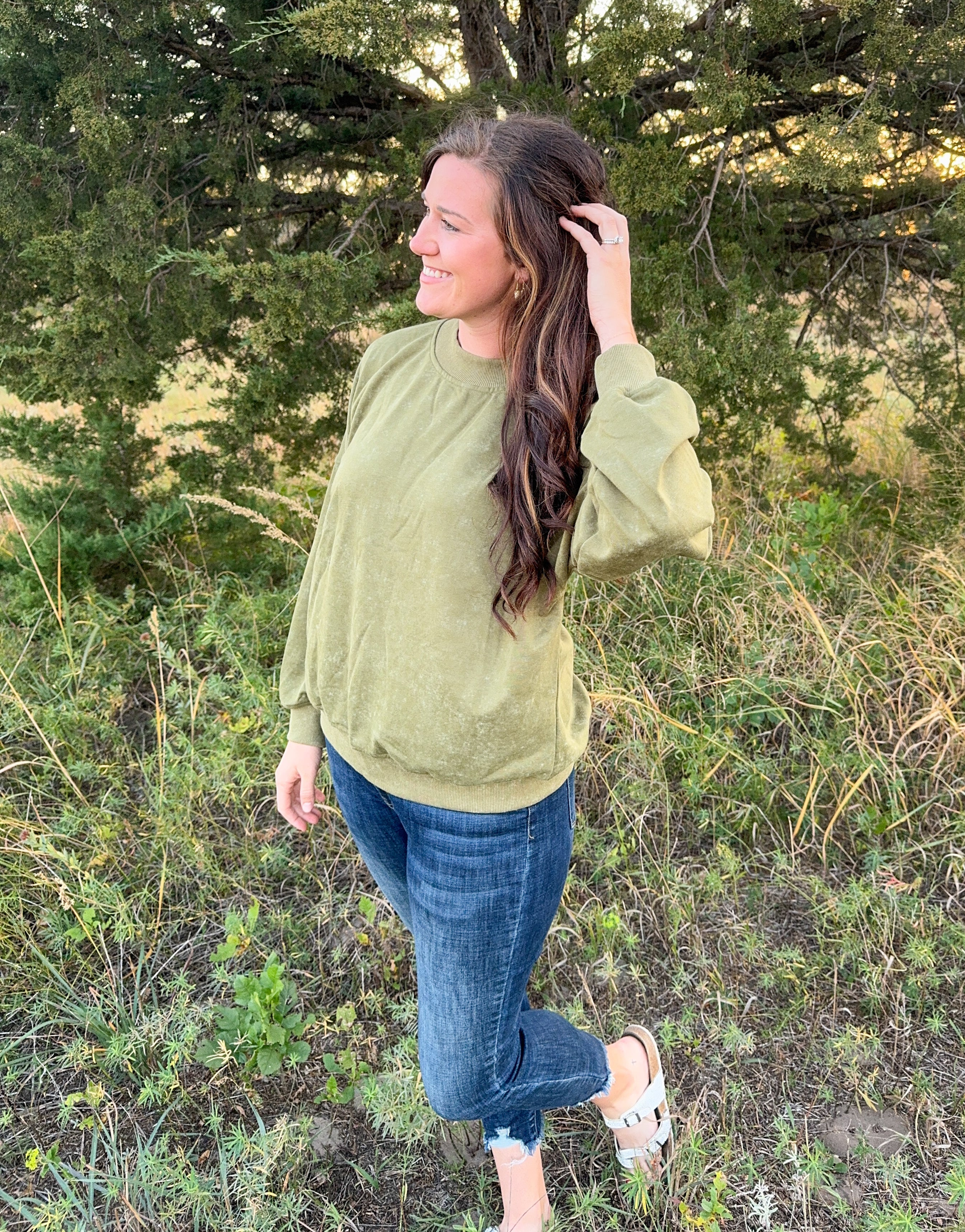 Green Washed Out Long Sleeve Top