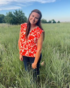 Orange Floral Print V Neck Top