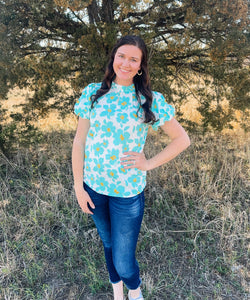Green Floral Puff Sleeve Top
