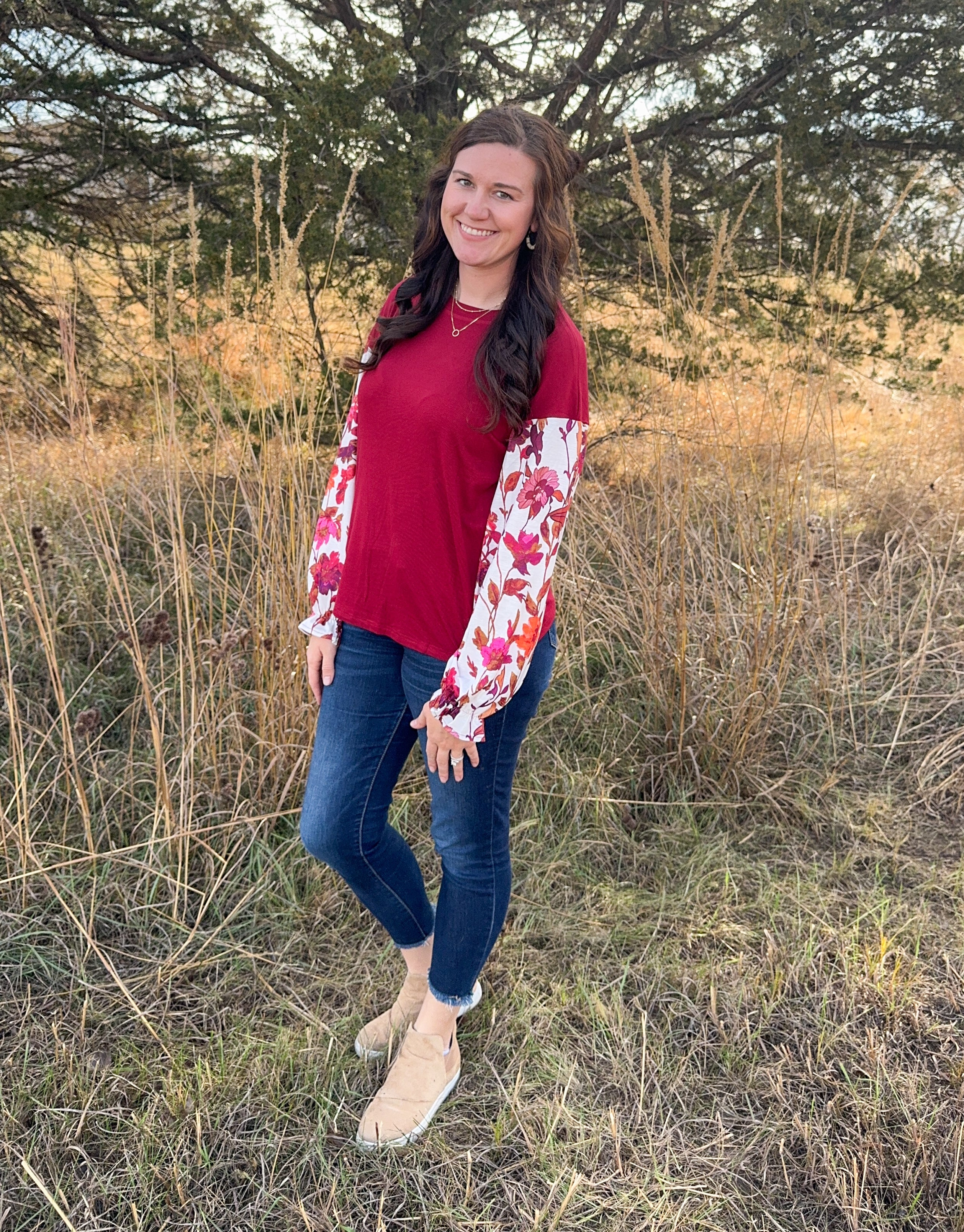 Wine Classic Floral Sleeve Long Sleeve Blouse