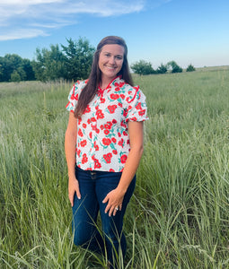 Red Floral Print Puff Sleeve Top