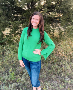 Green Textured Split Sleeve Sweater