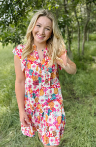 Floral Print V Neck Ruffle Dress