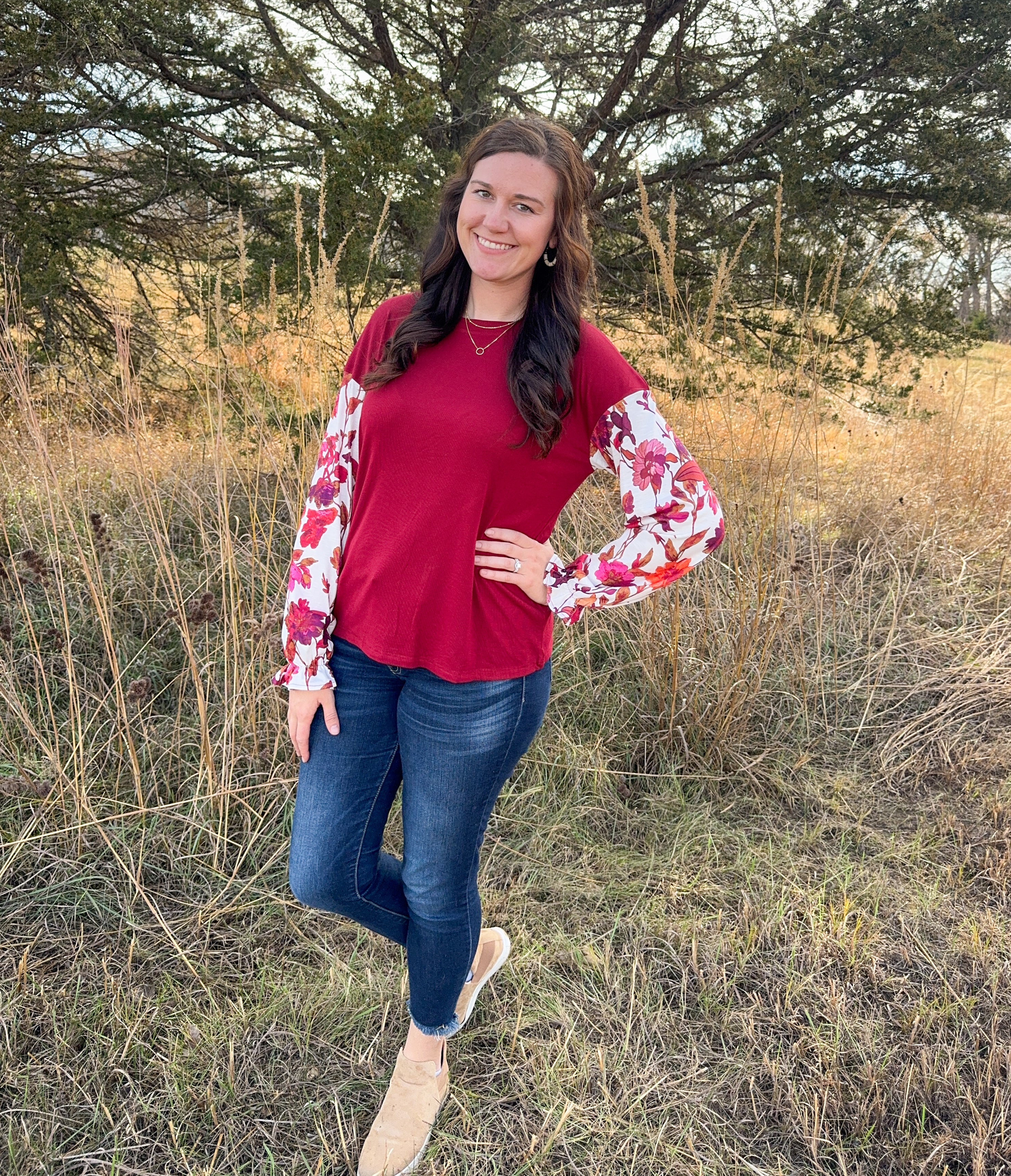 Wine Classic Floral Sleeve Long Sleeve Blouse