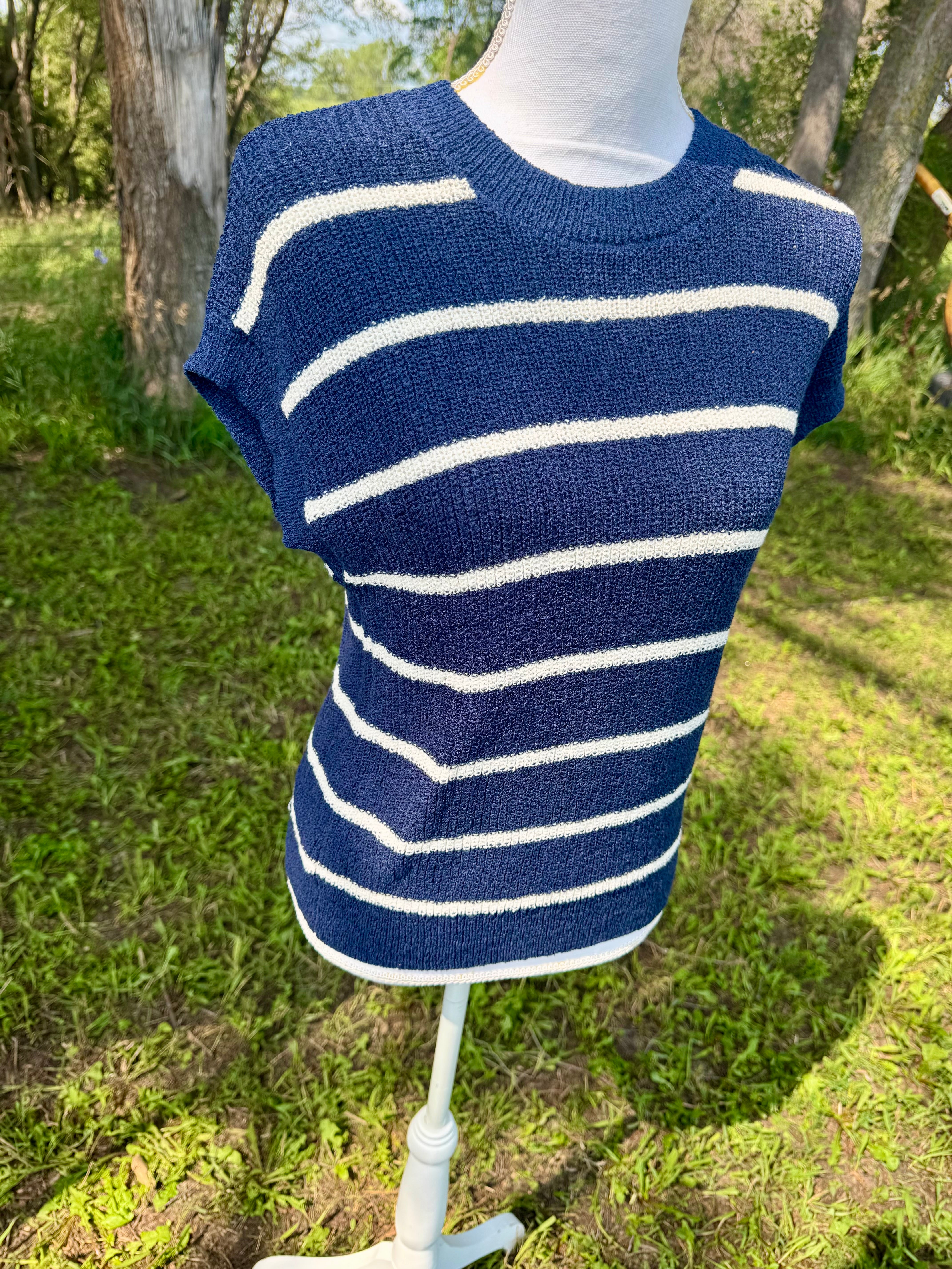 Navy Stripe Short Sleeve Sweater