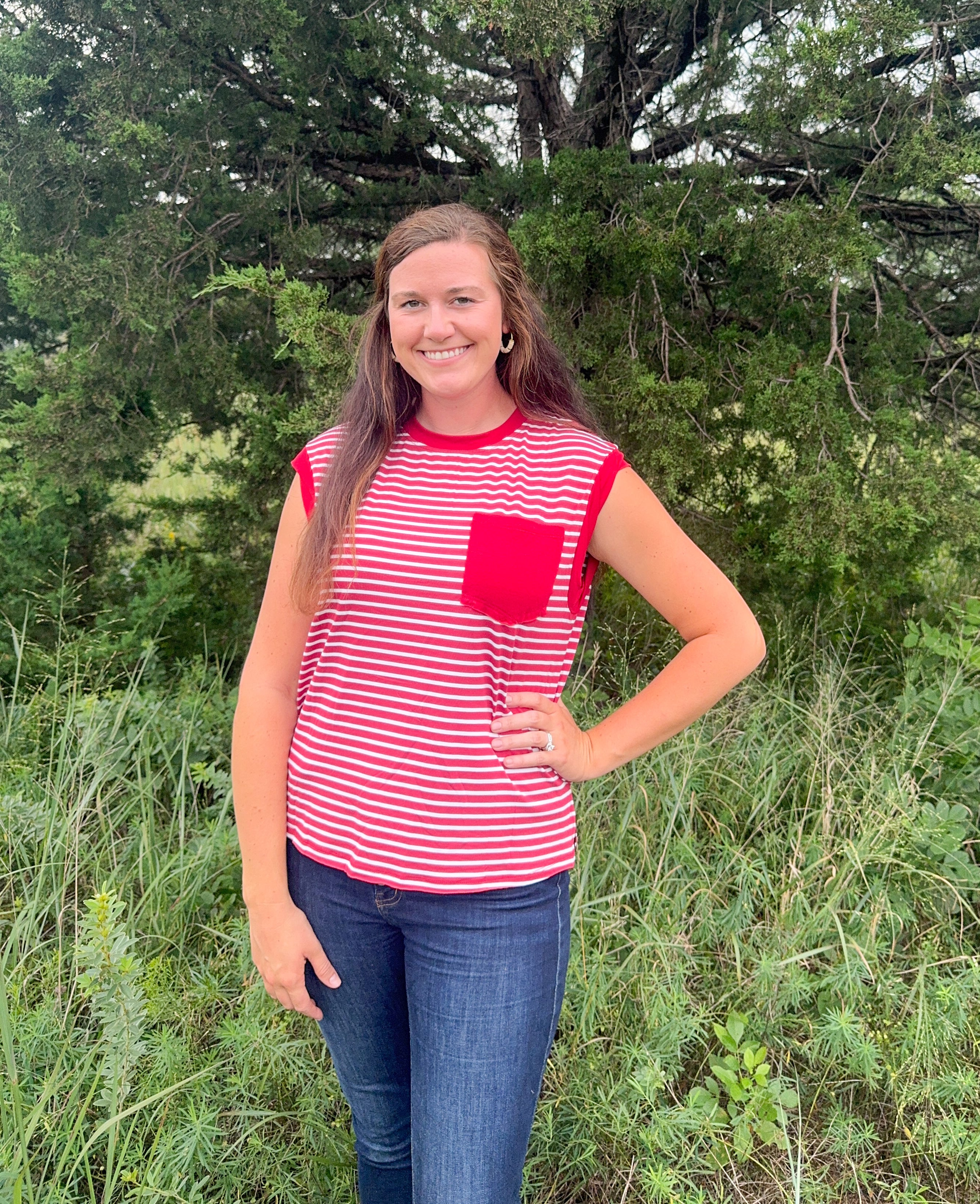 Red Stripe Pocket Round Neck Top