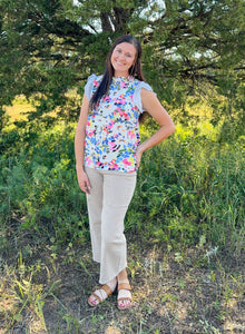 Lt Blue Floral Print Ruffle Sleeve Top