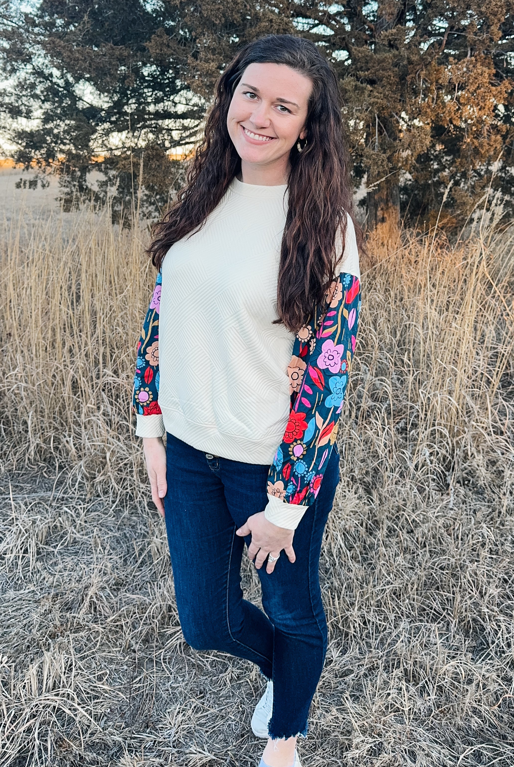White Vintage Floral Long Sleeve Top