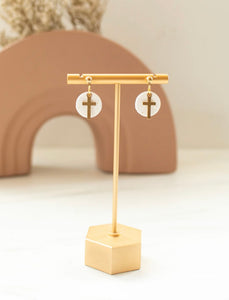 Small White/ Gold Glitter Cross Dangle Earrings