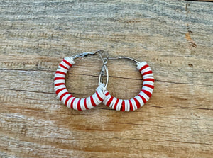 Red & White Stripe Silver Hoop Earrings