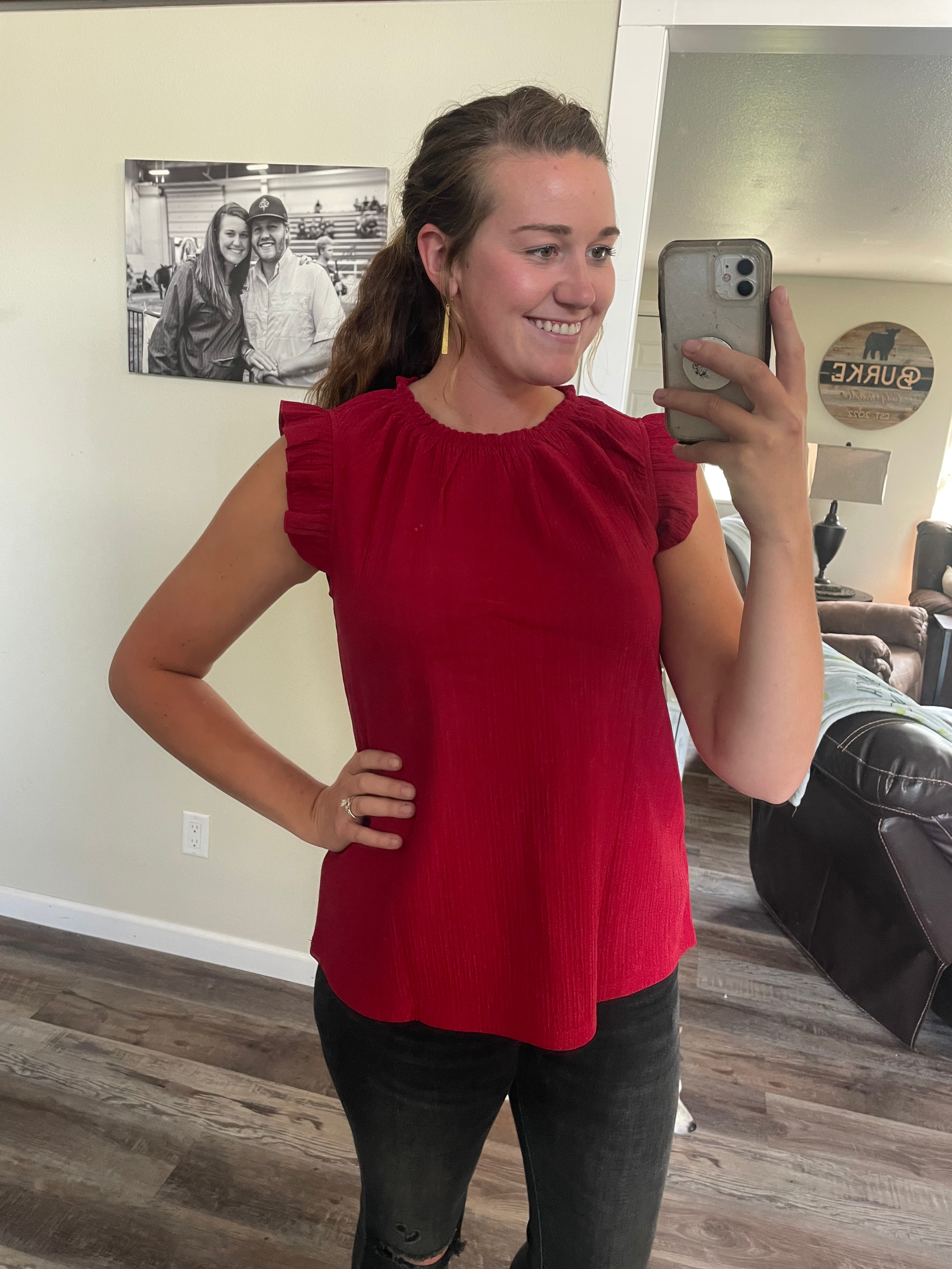 Red ruffled ribbed sleeveless top