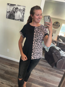 Black half leopard color block  top