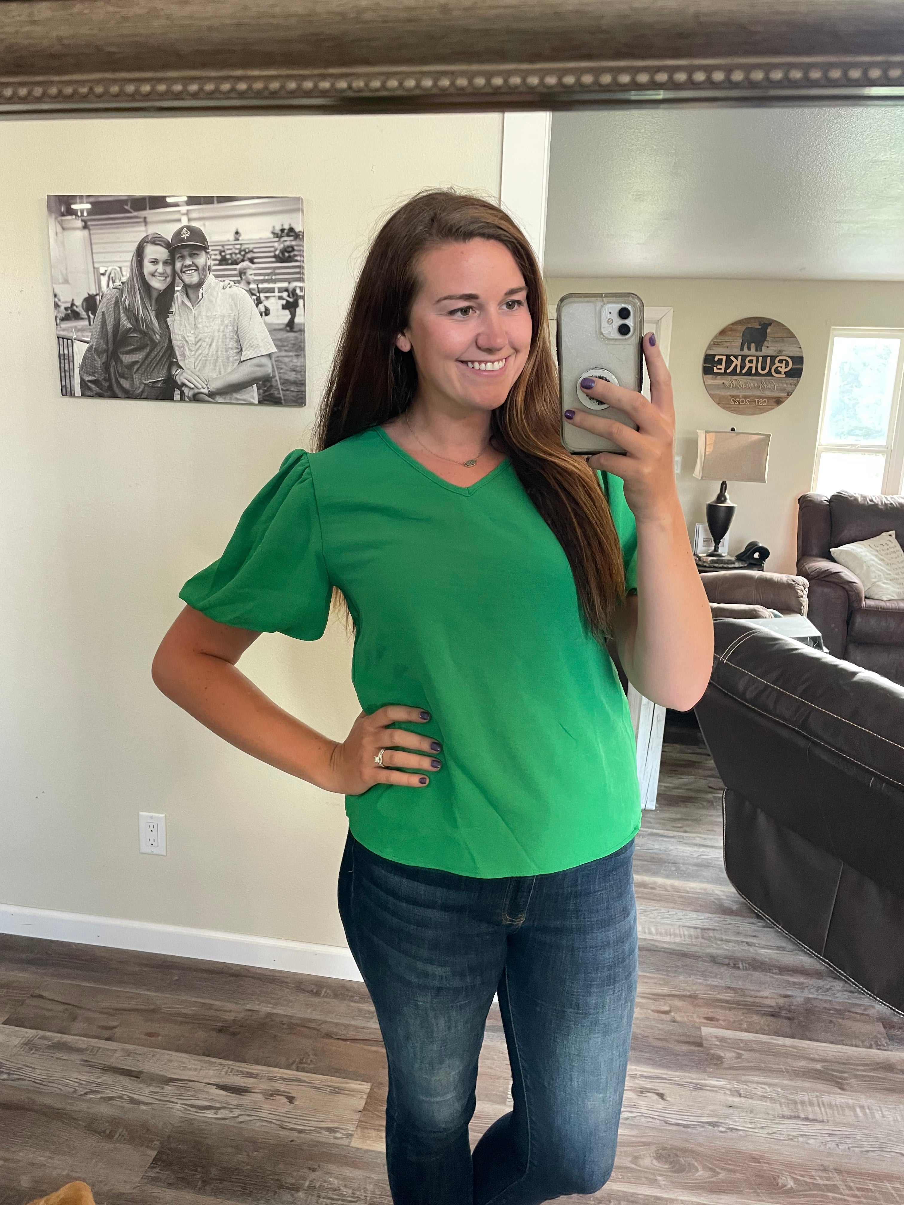 Green Puff Sleeve V Neck Blouse