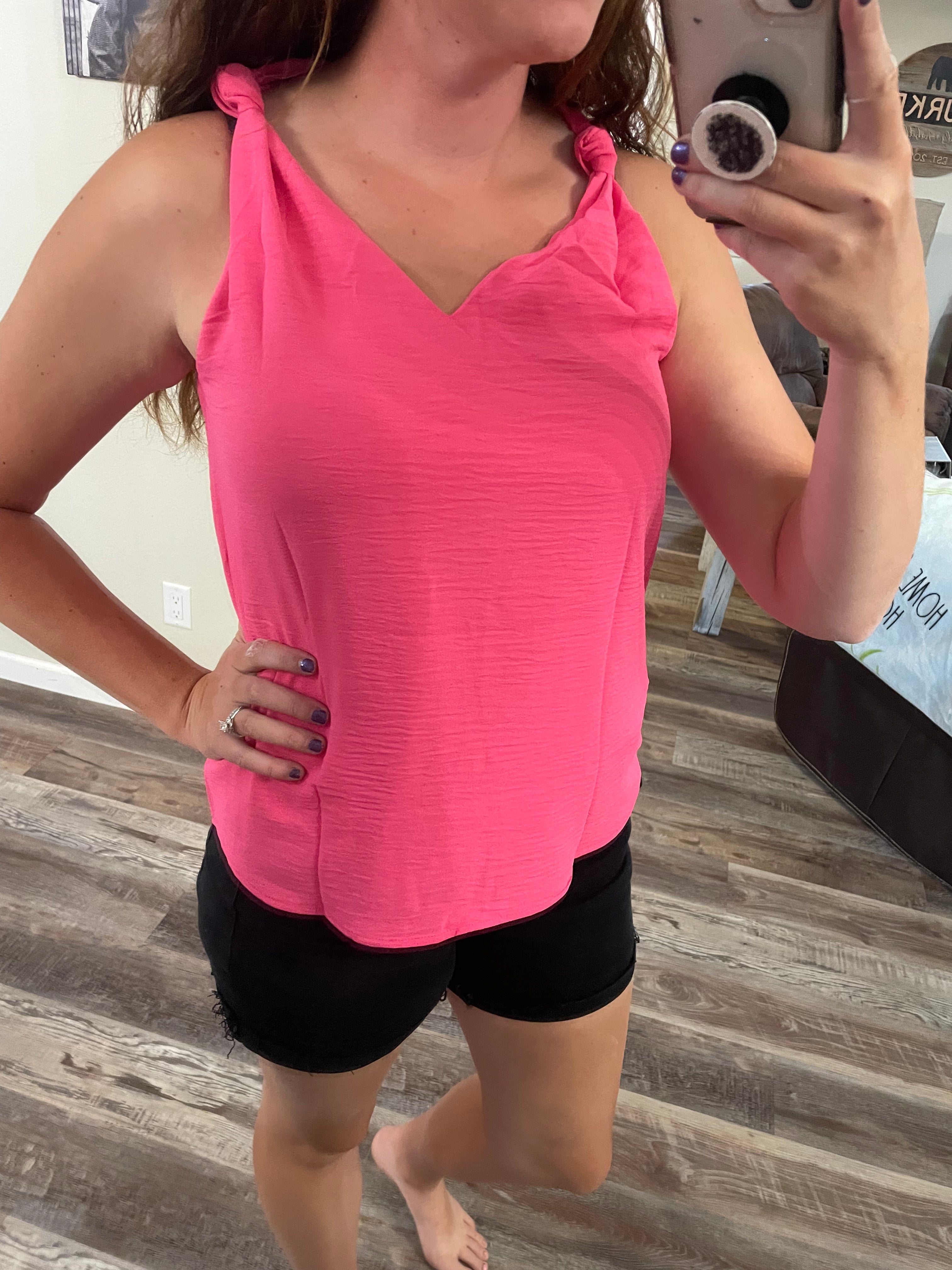 Pink v neck knotted tank top