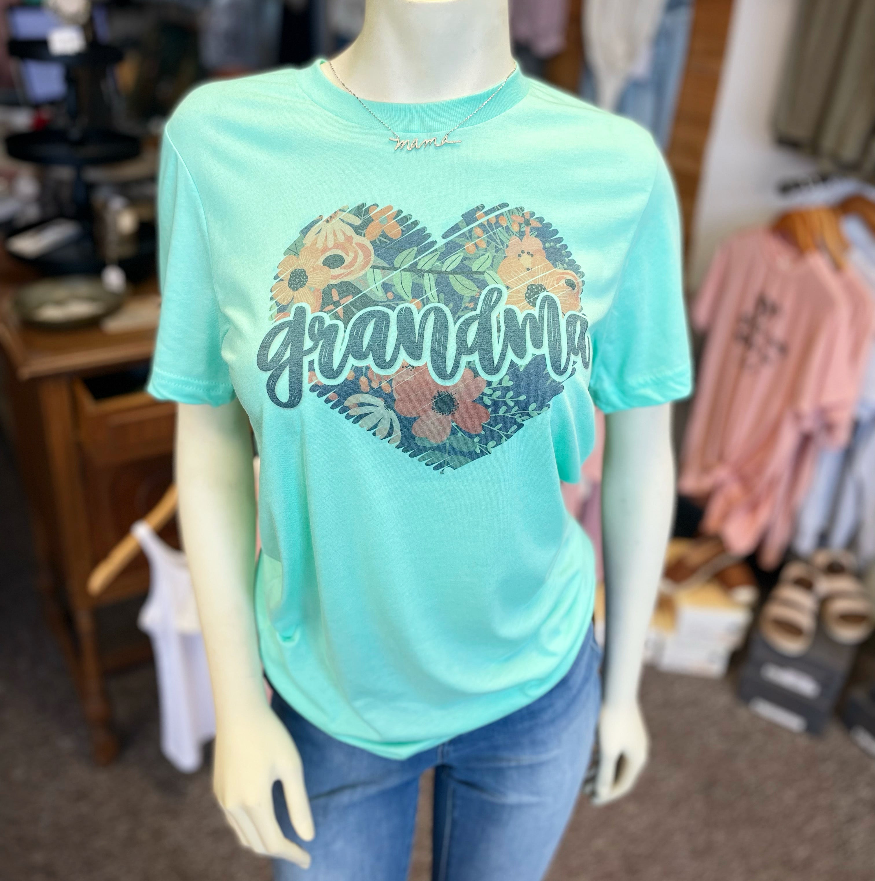 Grandma floral heart teal graphic tee