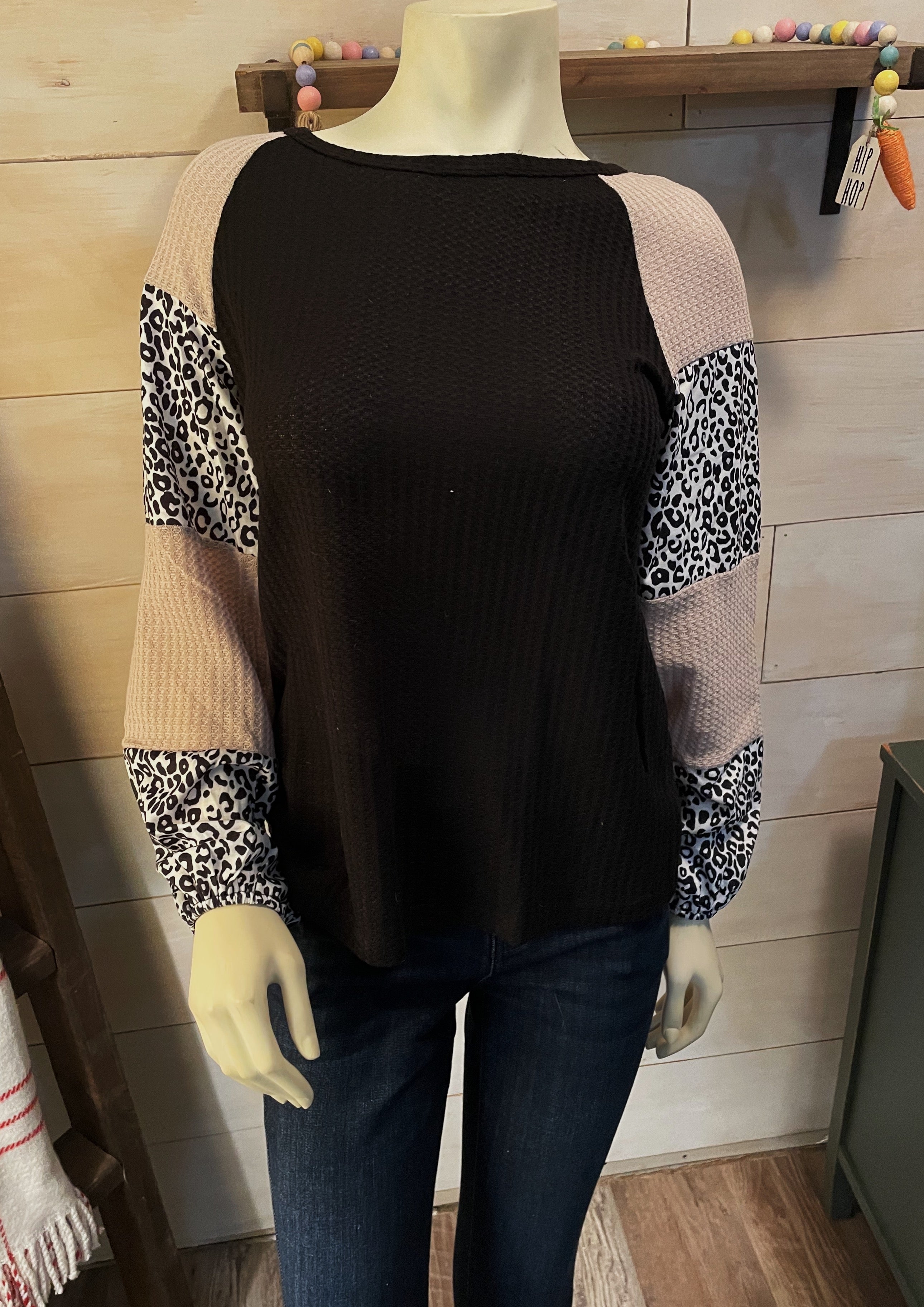 Black Leopard Sleeves Relaxed Top