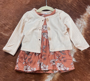 2pcs Baby Girl Long sleeve Cardigan and Floral Dress Set