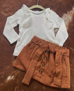 2pcs Toddler Ruffled Tee and Button Design Corduroy Skirt Set